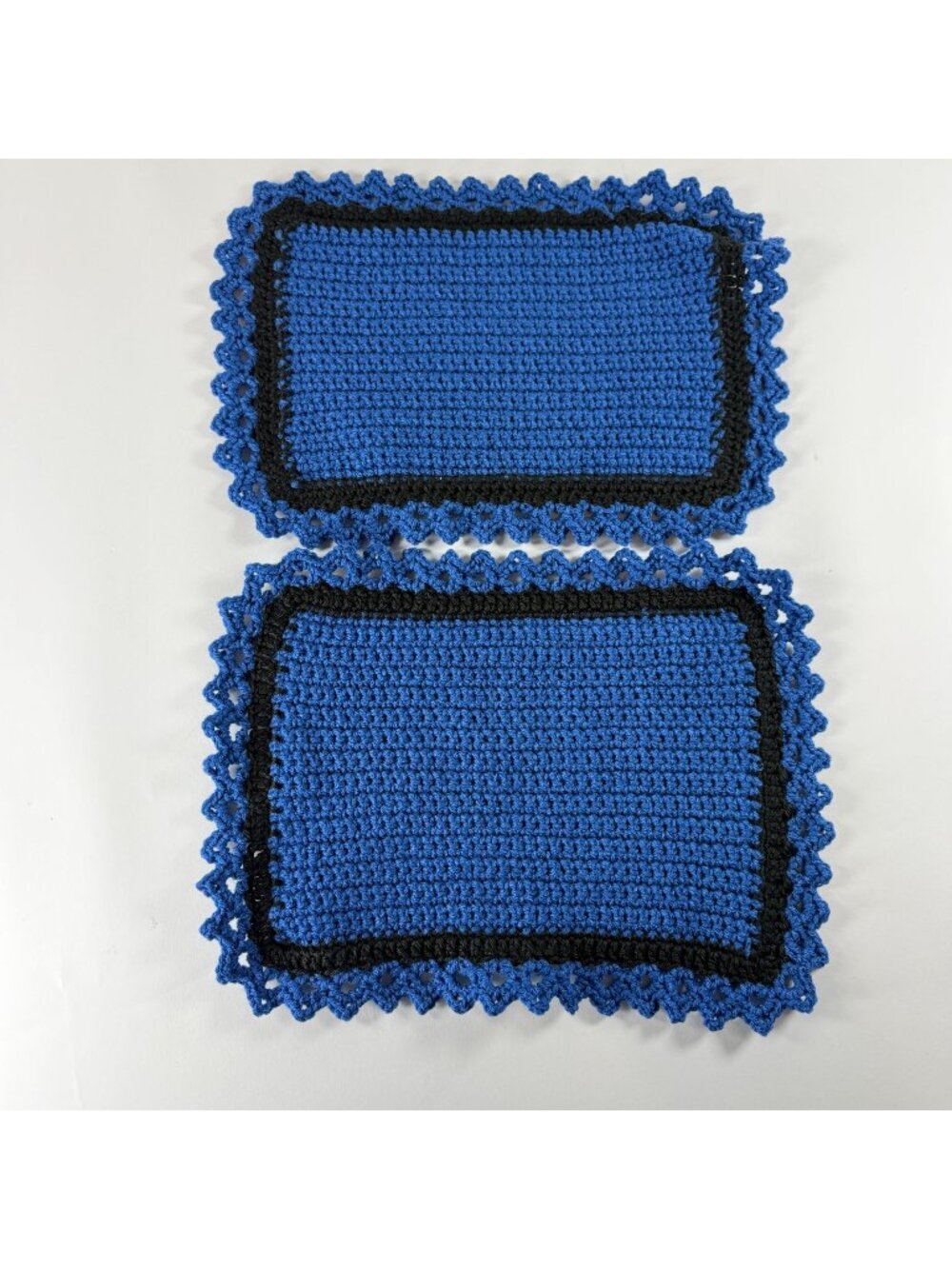 Crochet Placemats Set of 2 Blue Black Rectangular Table Mats Scalloped Border
